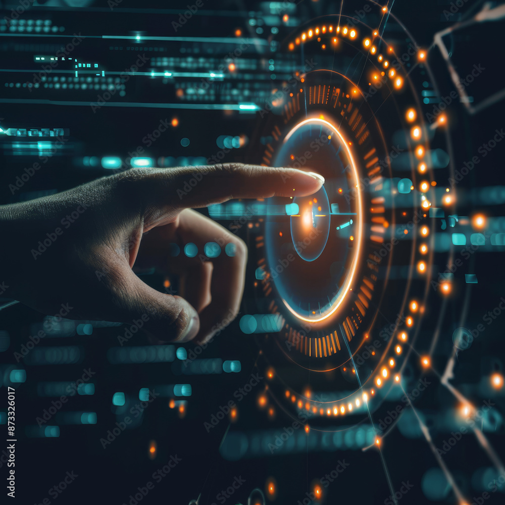 Poster close-up of a businessman's hand pointing at an abstract glowing hologram of a maximum and minimum s