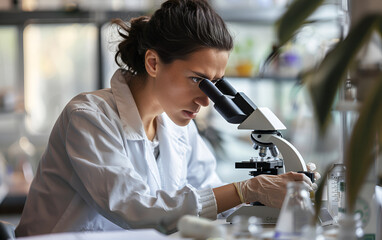 Scientist using microscope in laboratory style, wearing white lab coat working on and analyzing research project with team of doctors, pharmaceutical and healthcare professionals