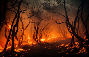 Forest fire disaster illustration, trees burning at night, wildfire nature destruction, damaged environment caused by global warming