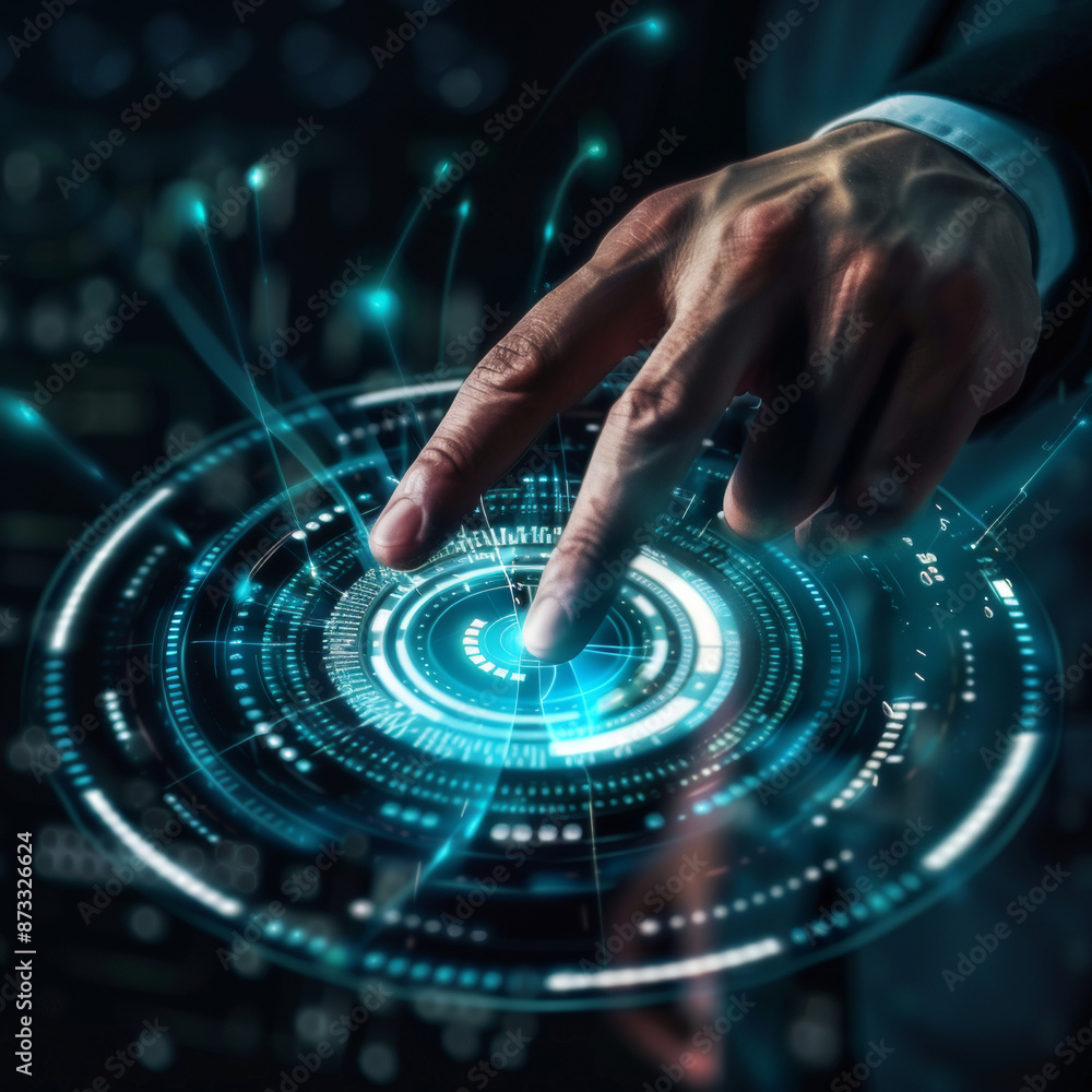 Poster close-up of a businessman's hand pointing at an abstract glowing hologram of a maximum and minimum s