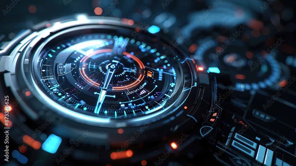 Aufkleber close-up of a futuristic digital interface with bright neon lights and complex patterns, depicting a