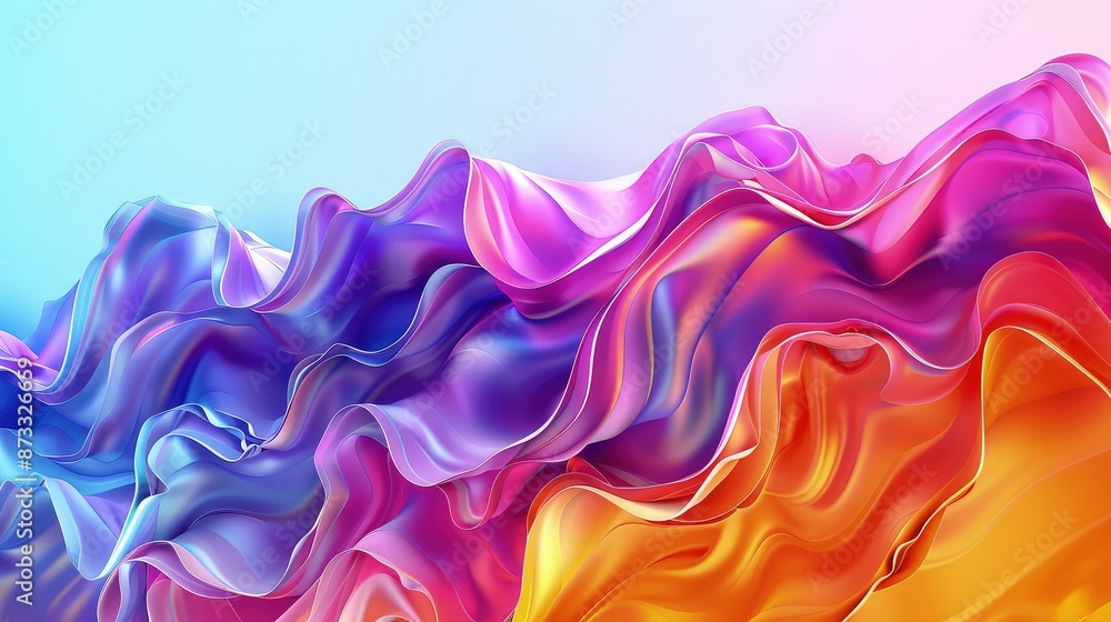 Poster a 3d abstract banner with waves of vibrant colors blending in a fluid gradient, mimicking the flow o