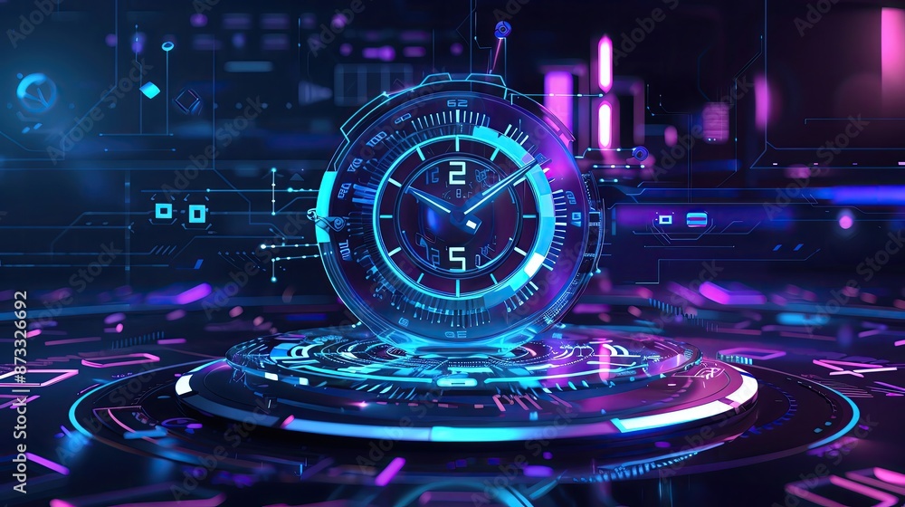 Poster futuristic holographic clock display with neon lights and digital interface in a modern tech environ
