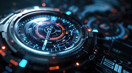 Close-up of a futuristic digital interface with bright neon lights and complex patterns, depicting advanced technology and innovation.
