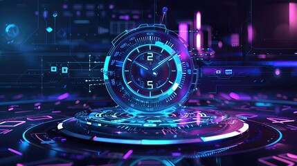Futuristic holographic clock display with neon lights and digital interface in a modern tech environment, showcasing advanced technology concepts.