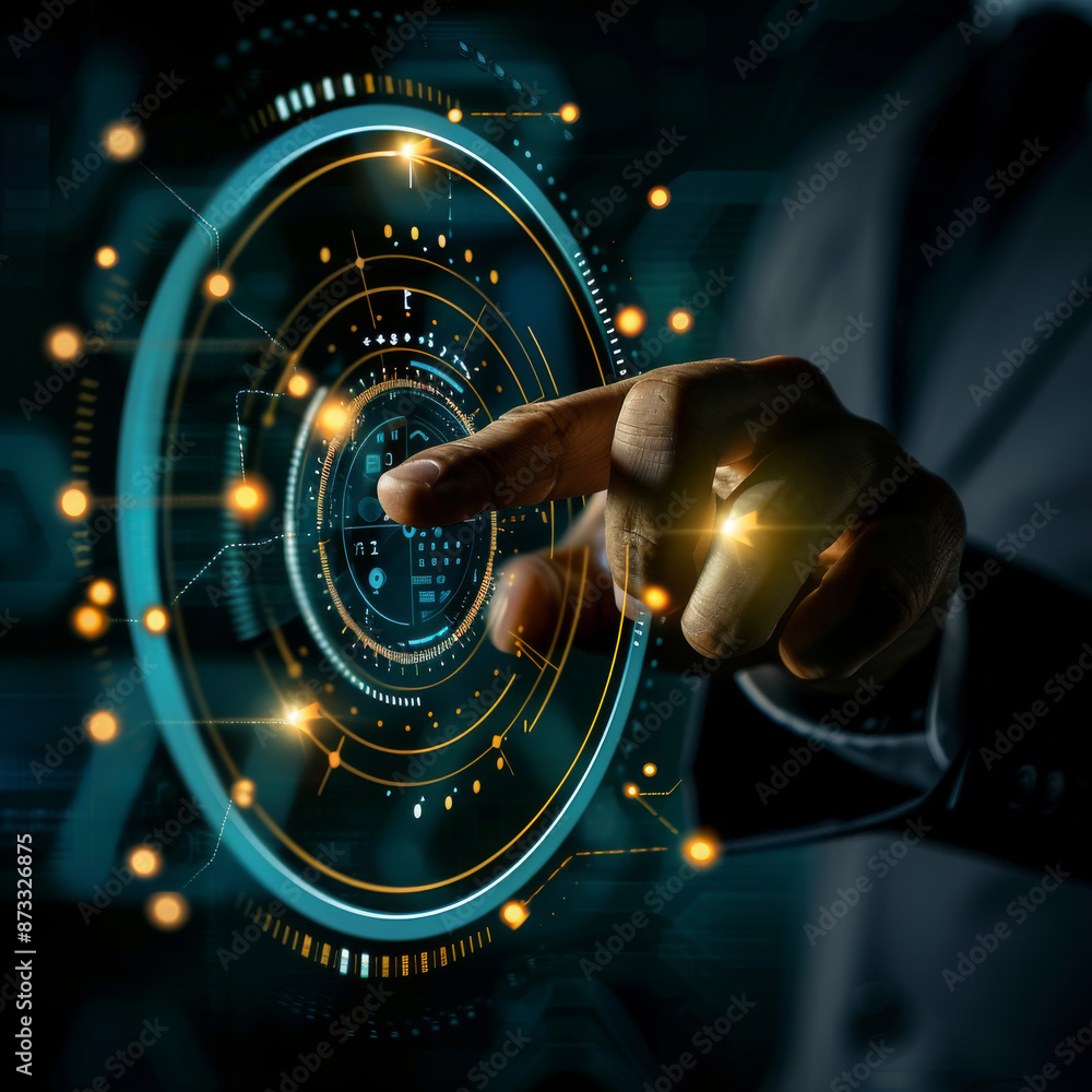 Poster close-up of a businessman's hand pointing at an abstract glowing hologram of a maximum and minimum s