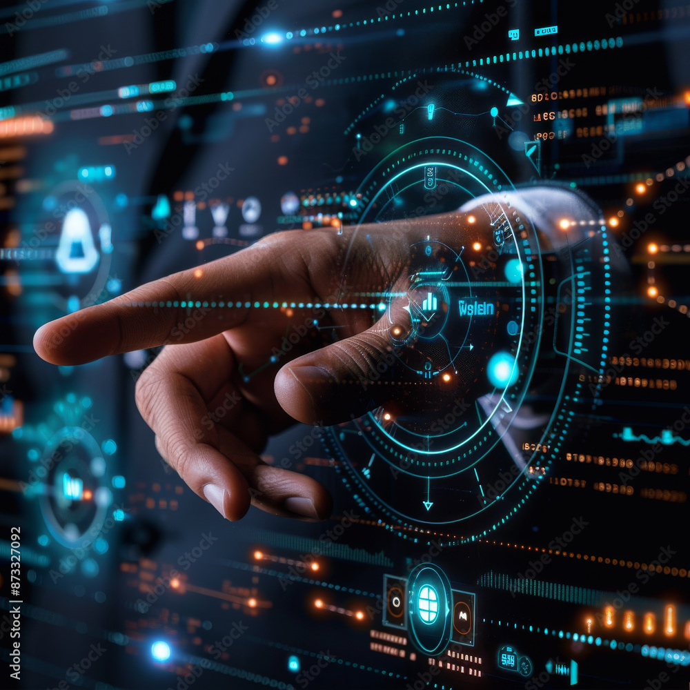 Poster close-up of a businessman's hand pointing at an abstract glowing hologram of a maximum and minimum s