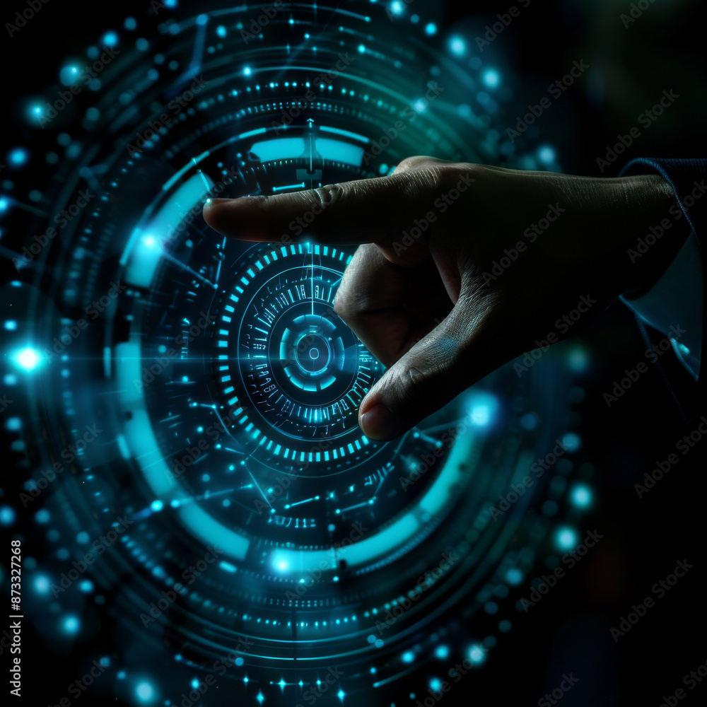 Poster close-up of a businessman's hand pointing at an abstract glowing hologram of a maximum and minimum s