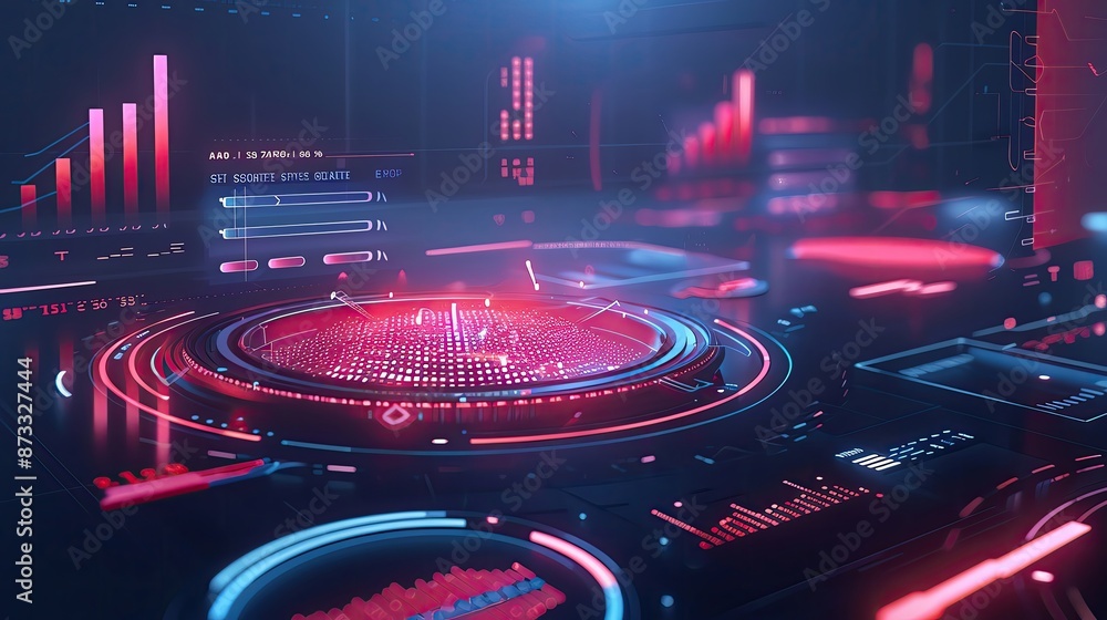 Poster futuristic digital technology interface displaying data analytics with vibrant neon colors and innov