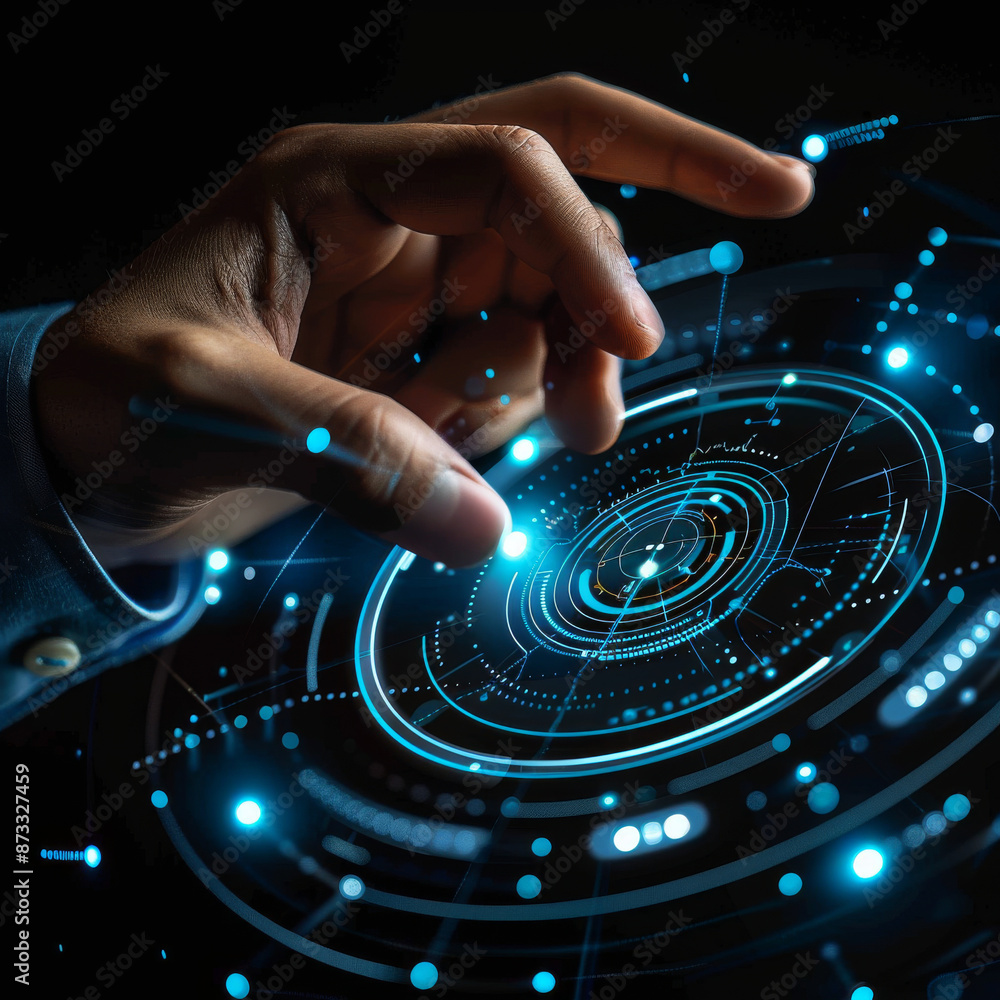 Poster close-up of a businessman's hand pointing at an abstract glowing hologram of a maximum and minimum s