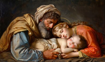 The Holy Family, Jesus, Mary and Joseph. Little baby jesus sleeping with his loving parents, Generative AI