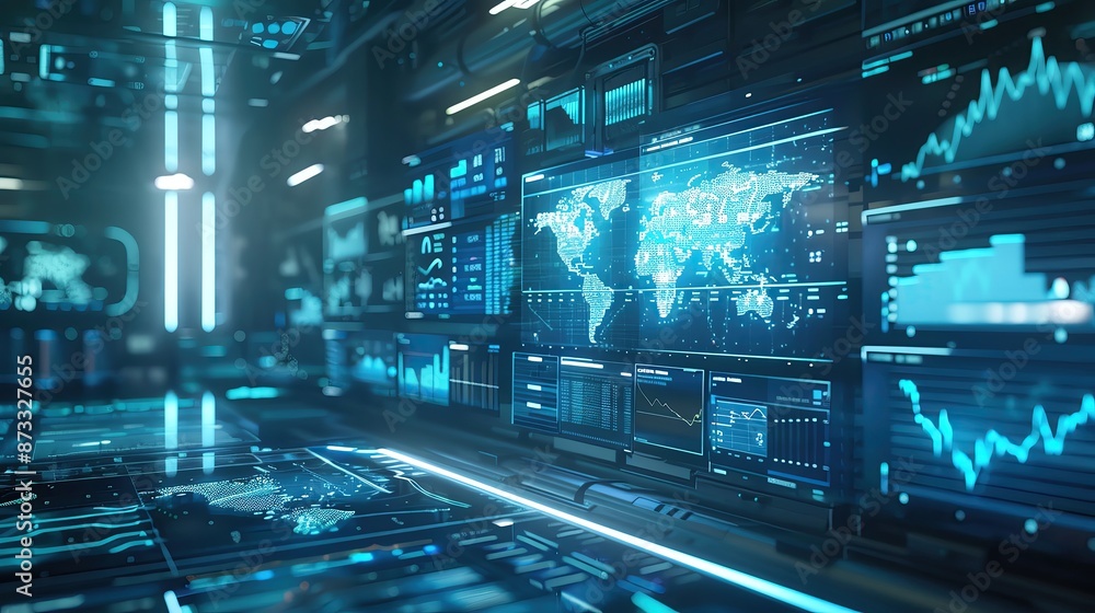Poster futuristic digital dashboard displaying data analytics, world maps, and charts in a high-tech comman