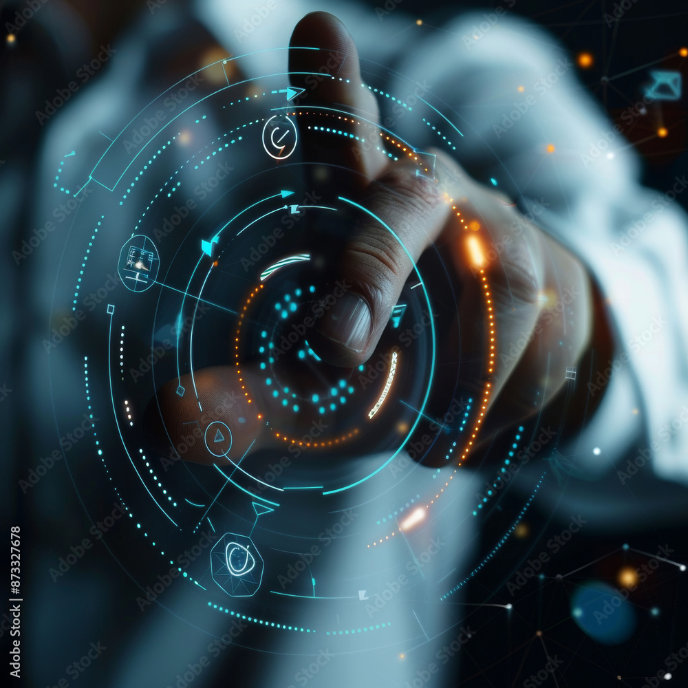 Poster close-up of a businessman's hand pointing at an abstract glowing hologram of a maximum and minimum s