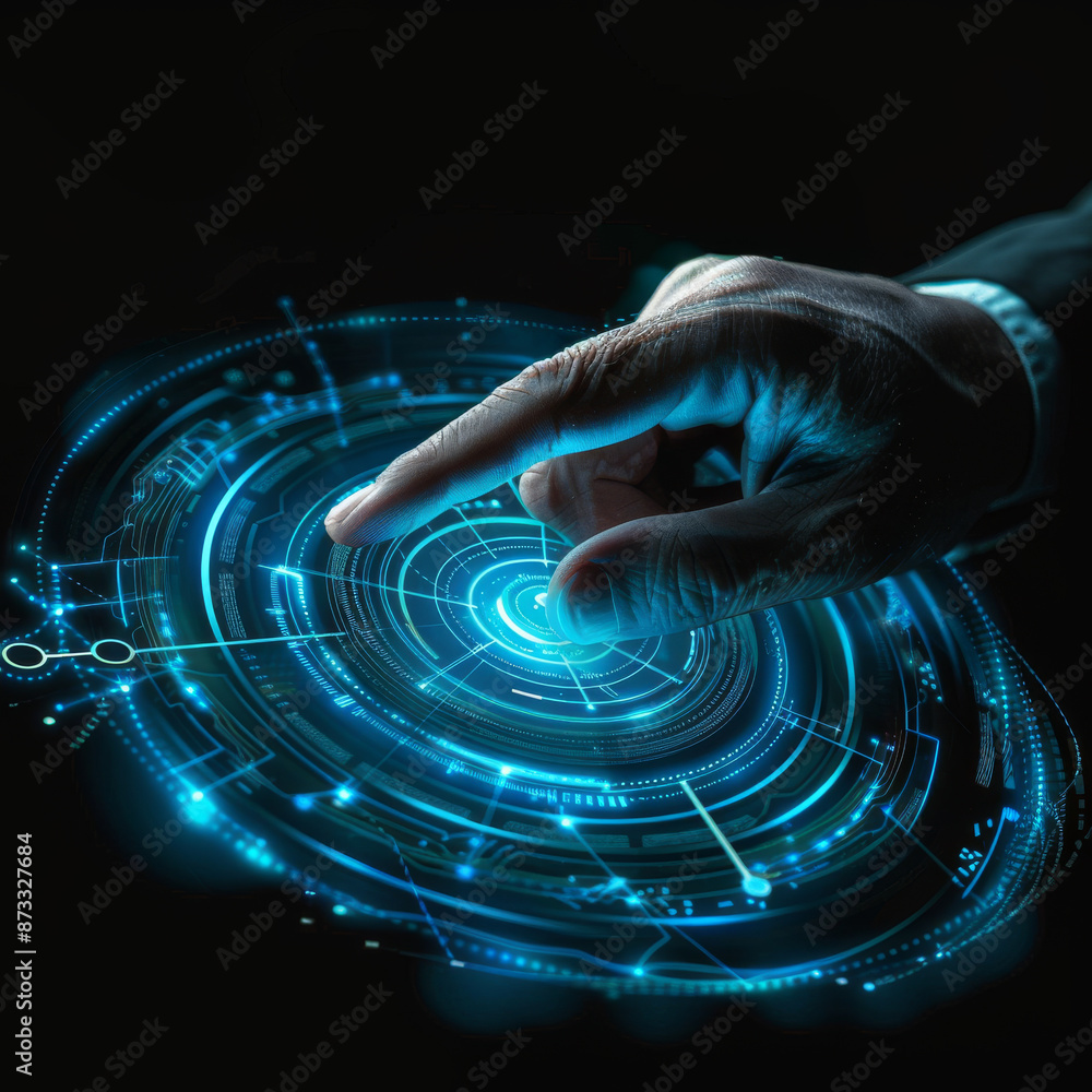 Poster close-up of a businessman's hand pointing at an abstract glowing hologram of a maximum and minimum s