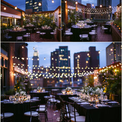 A glamorous black-tie wedding in an urban rooftop garden, featuring a city skyline view, string lights, and sophisticated decor