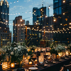 A glamorous black-tie wedding in an urban rooftop garden, featuring a city skyline view, string lights, and sophisticated decor