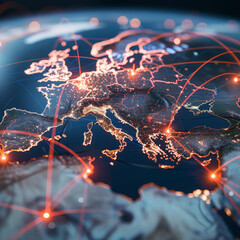 A global map with dynamic routes highlighting the complex network of suppliers, manufacturers, and distributors in a multinational corporation.