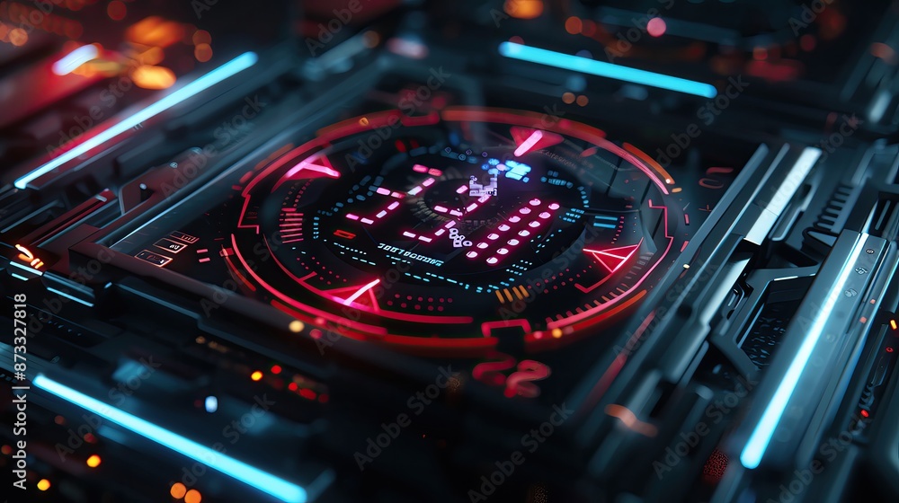Poster futuristic circuit board with digital interface, glowing neon lights and intricate design, represent