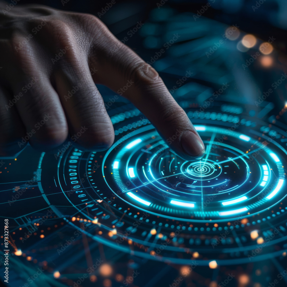 Poster close-up of a businessman's hand pointing at an abstract glowing hologram of a maximum and minimum s