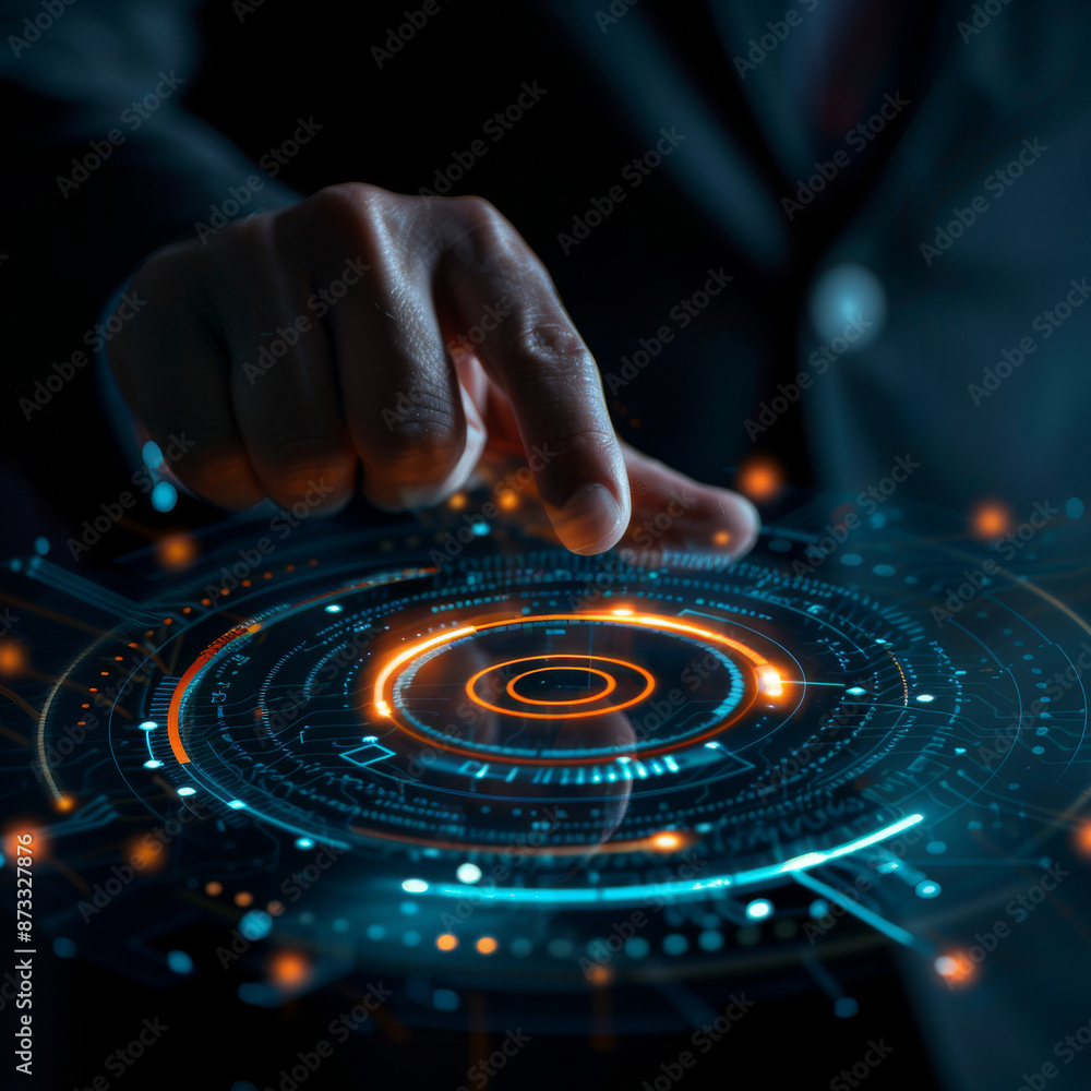 Poster close-up of a businessman's hand pointing at an abstract glowing hologram of a maximum and minimum s