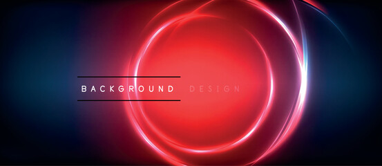 Neon glowing circle rays, light round lines in the dark, planet style neon wave lines. Energetic electric concept design for wallpaper, banner, background