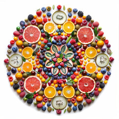 A mandala created using various fruits and vegetables on a white background. 