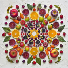 A mandala created using various fruits and vegetables on a white background. 