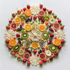 A mandala created using various fruits and vegetables on a white background. 
