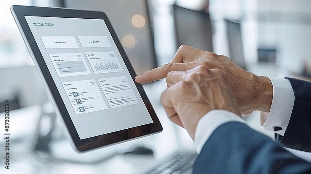 Poster a businessman's hands are shown using a tablet to review data charts and reports, likely for a work-