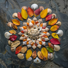 A mandala made entirely of colorful autumn leaves. An intricate mandala design formed by seashells on a sa