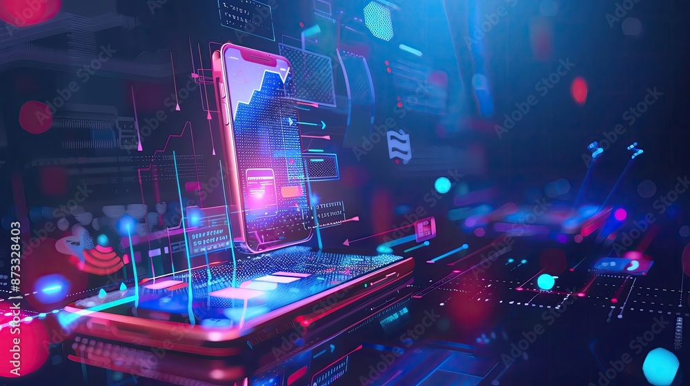 Poster futuristic smartphone with holographic display and digital interface, showcasing advanced technology