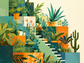 Obraz premium a vibrant and colorful illustration of a tropical house with a potted plant and a doorway.