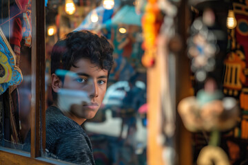 Obraz premium Young Man in Vibrant Market with Colorful Backgrounds and Reflections