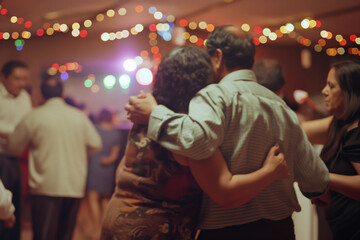 Obraz premium Couple Embracing at a Festive Indoor Party with Colorful Lights and Dancing Crowd