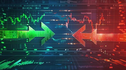 A virtual financial dashboard showing a bullish market trend graph in green and a bearish trend graph in red, with arrows pointing in opposite directions.