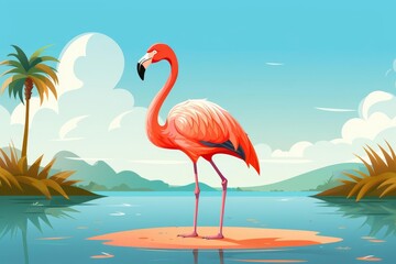 Fototapeta premium Flamingo resting on one leg flat design front view tropical wetland animation vivid