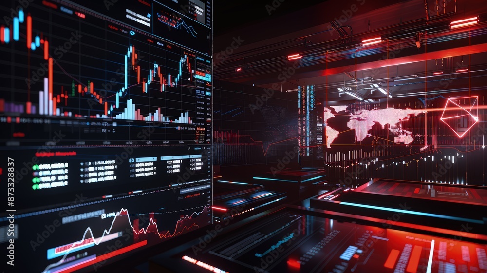 Poster a virtual reality setup where cryptocurrency market conditions are analyzed in a 3d environment, wit
