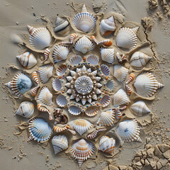 An intricate mandala design formed by seashells on a sandy beach. 