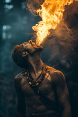 Fire Breather Performing Outdoors with Flames and Smoke in a Mystical Forest
