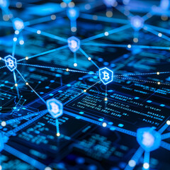 A blockchain-based supply chain network, illustrated with interconnected nodes representing secure and transparent transactions. 
