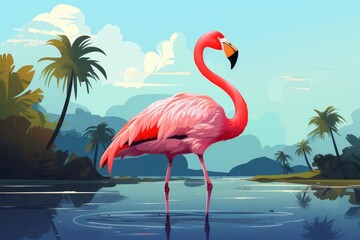 Fototapeta premium Flamingo resting on one leg flat design front view tropical wetland animation vivid