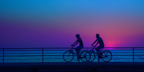 Fototapeta premium Silhouetted Cyclists Riding Along a Pier at Sunset with Vibrant Sky Background