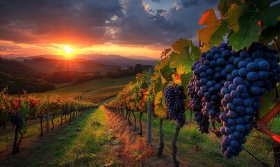 Naklejka premium Ripe grapes in vineyard at sunset, Tuscany, Italy, Generative AI