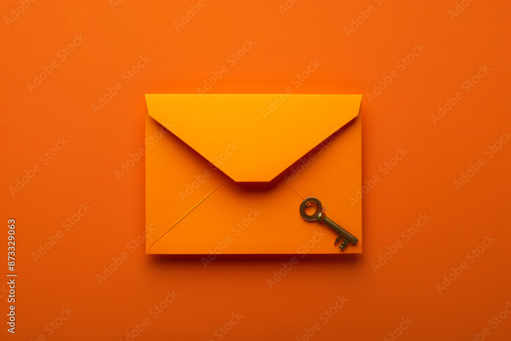 Poster orange envelope with key on orange background flat lay top view