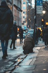 Obraz premium Urban Winter Street Scene with People Walking and Bending Down on Wet Sidewalk