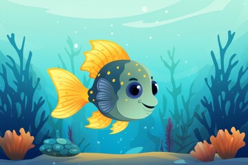 Naklejka premium Flounder blending into the seabed flat design top view ocean floor theme cartoon drawing vivid