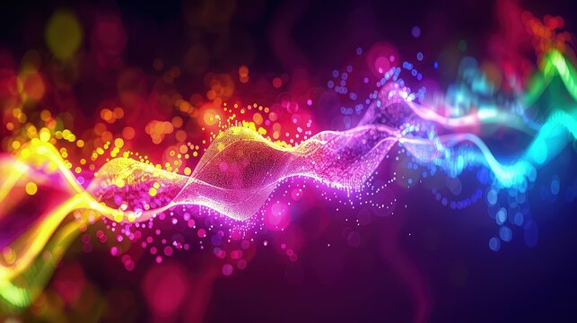 A visual concept of a sound wave transformed into a colorful light spectrum, illustrating the harmony of technology and art in a vibrant display.
