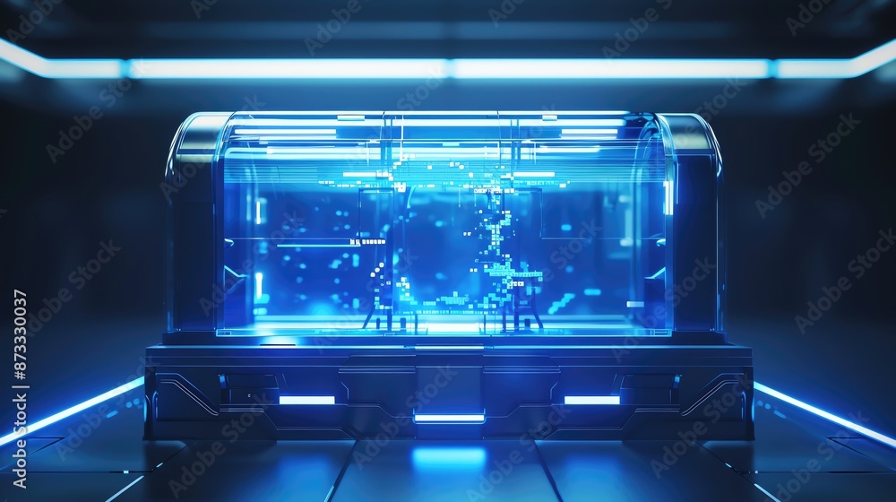 Poster futuristic blue glowing technology device in a high-tech environment with digital hologram effects, 