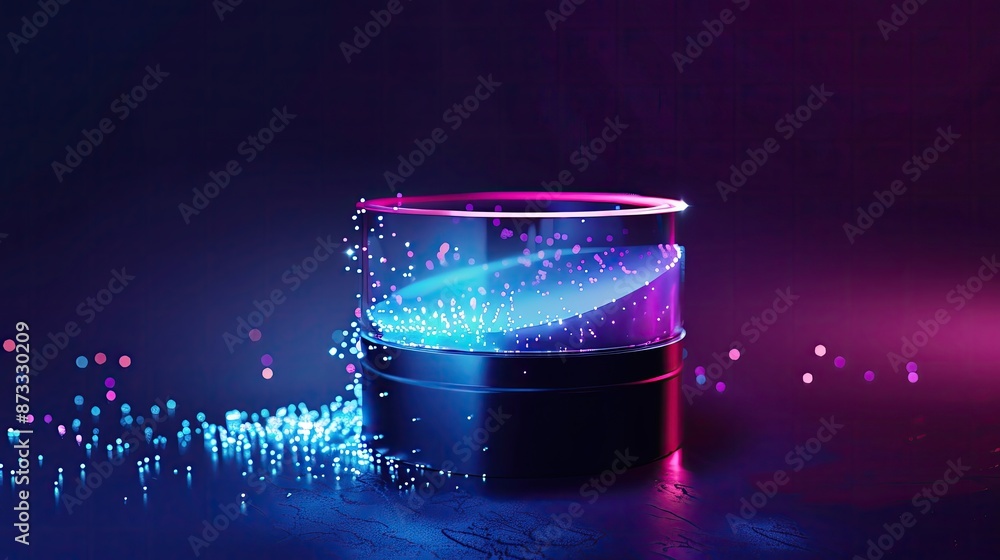Poster abstract futuristic image showing a vibrant, dynamic particle ring with neon lights and colorful eff