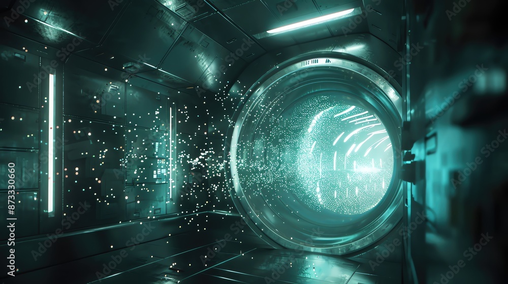 Poster futuristic tunnel with glowing lights and sparkling particles, creating a sci-fi atmosphere of advan